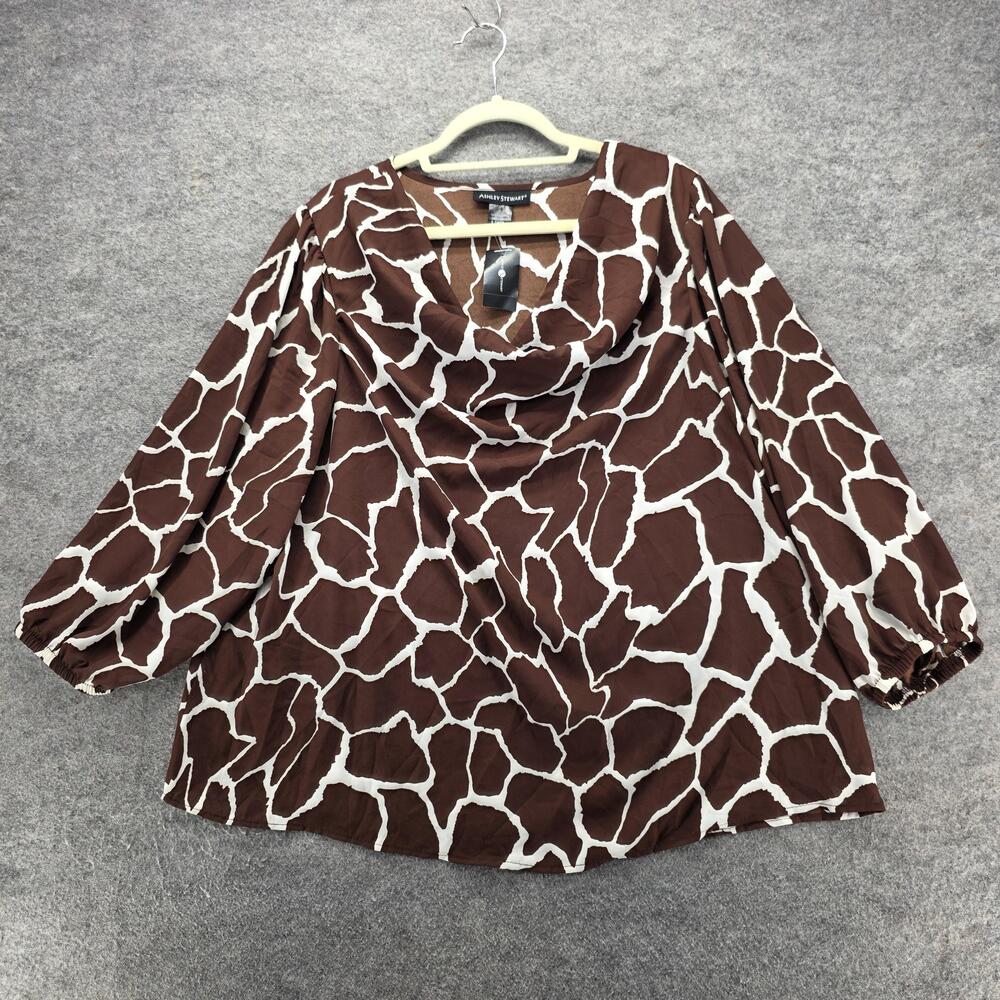 Ashley Stewart Shirt Womens Plus 14/16 Brown Giraffe Print Cowl Neck Long Sleeve